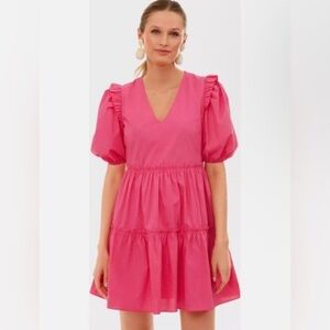 🩷 Tuckernuck Hyacinth House Pascal-pink v-neck Puff Sleeve Tiered Mini Dress XL